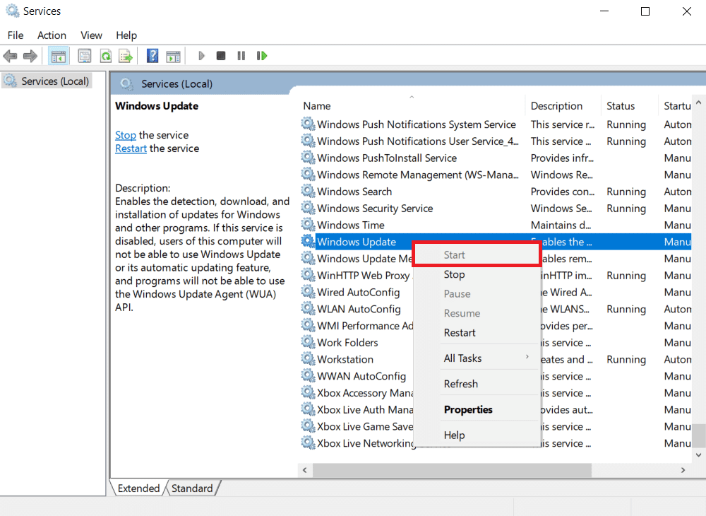 Haga clic con el botón derecho en Windows Update y seleccione Inicio en el menú contextual | Cómo reparar el código de error 80072ee2