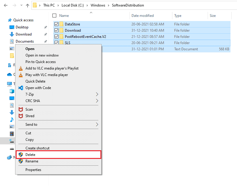Verifique todos los archivos y carpetas, haga clic con el botón derecho y elija Eliminar en el menú | Cómo reparar el código de error 80072ee2