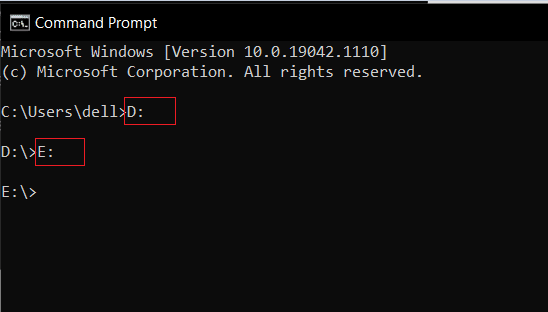 Escriba la letra de la unidad como se muestra para acceder a otra unidad.  Cómo cambiar de directorio en CMD Windows 10