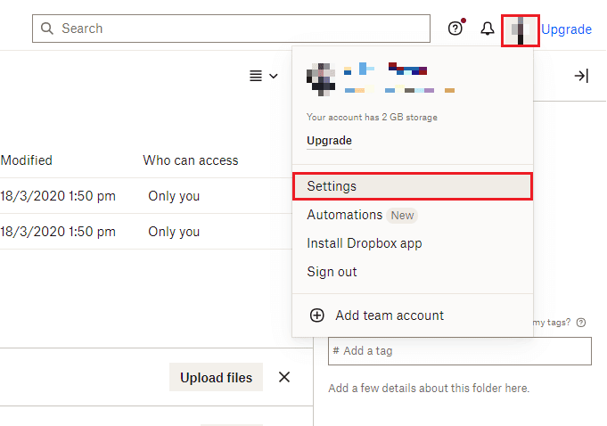 haga clic en el icono de perfil y seleccione Configuración.  Cómo resolver el error 413 de Dropbox com en Windows 10