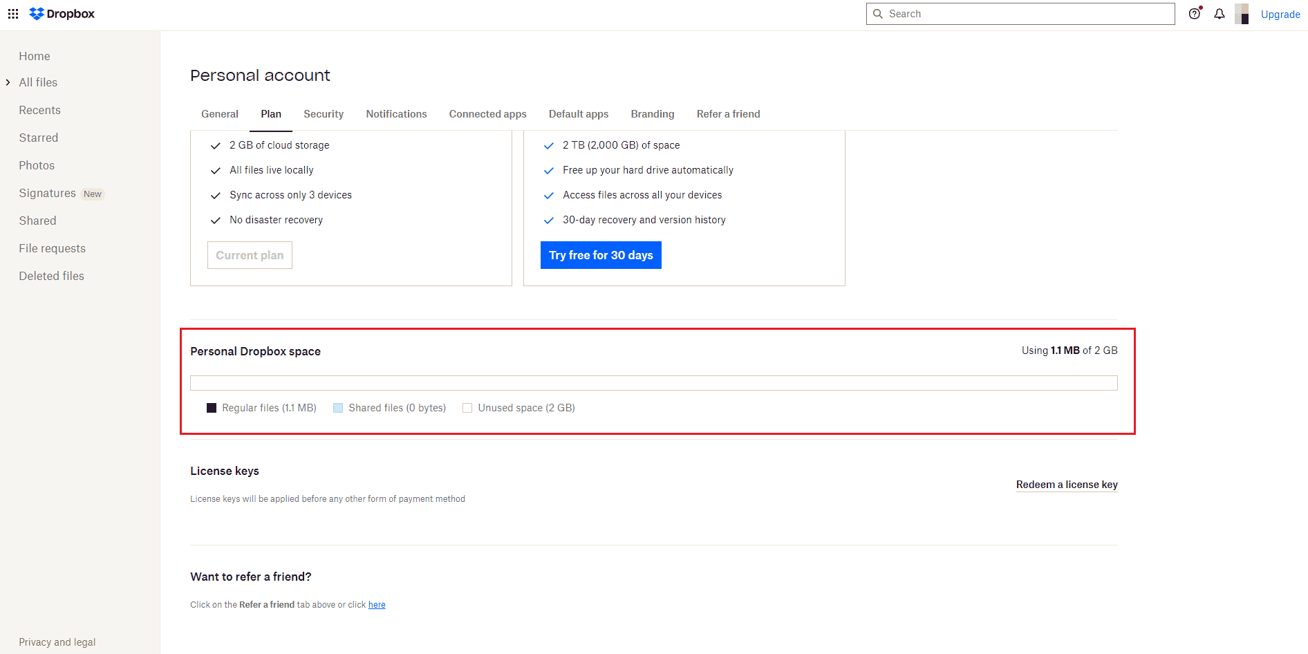 Personal Dropbox Space en el menú del plan.  Cómo resolver el error 413 de Dropbox com en Windows 10