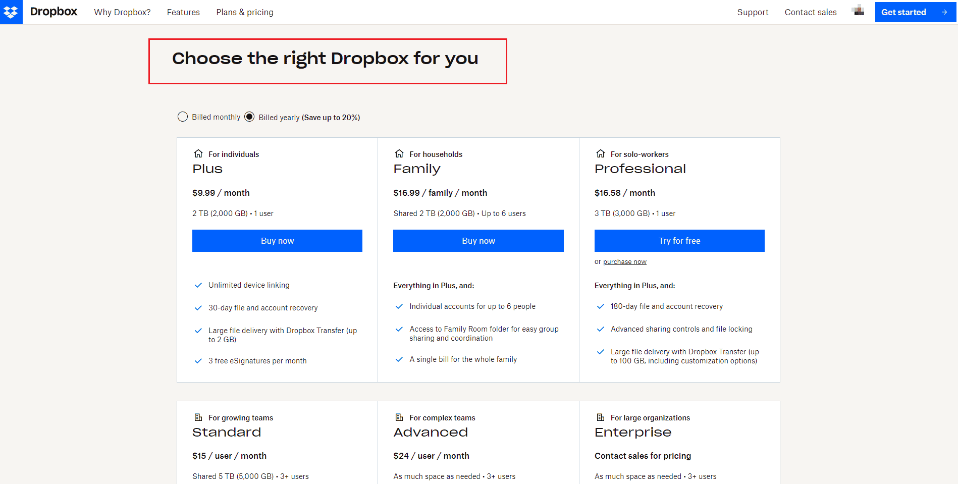 página de planes de dropbox