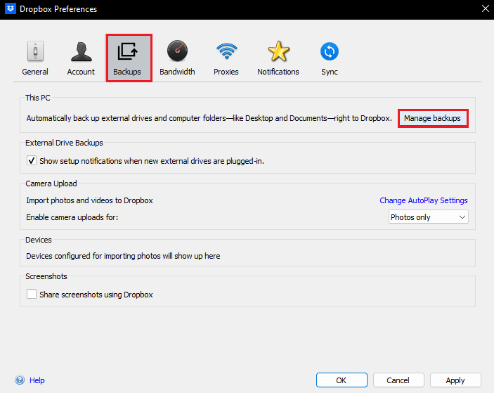 vaya al menú Copia de seguridad y haga clic en administrar copias de seguridad.  Cómo resolver el error 413 de Dropbox com en Windows 10