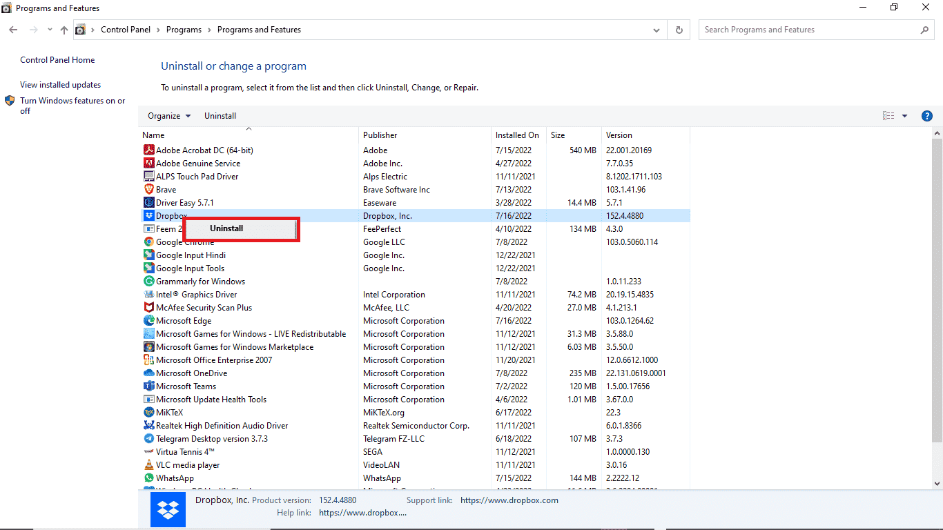 clic derecho en dropbox y haga clic en desinstalar.  Cómo resolver el error 413 de Dropbox com en Windows 10