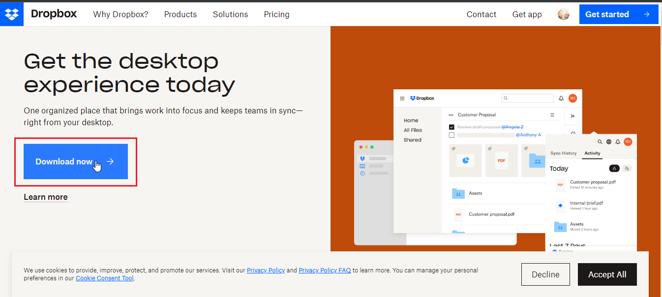 haga clic en Descargar ahora.  Cómo resolver el error 413 de Dropbox com en Windows 10