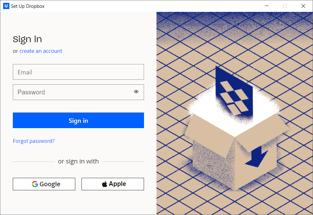 Inicia sesión en tu cuenta para configurar Dropbox.  Cómo resolver el error 413 de Dropbox com en Windows 10