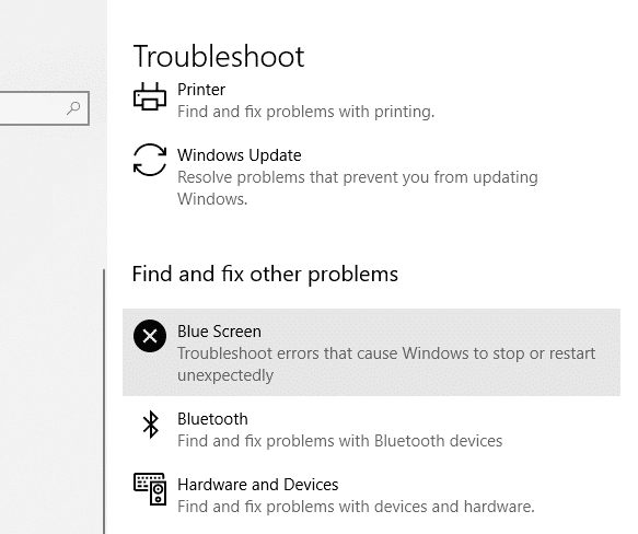 Haga clic en 'Pantalla azul' y haga clic en 'Ejecutar el solucionador de problemas' | Solucionar el error de excepción del servicio del sistema en Windows 10