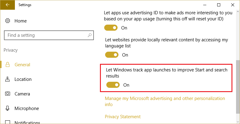 En Privacidad, active Permitir que Windows rastree el inicio de la aplicación para mejorar el inicio y los resultados de búsqueda.