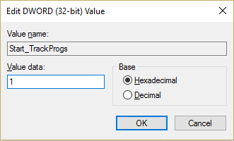 Nombre la clave como Start_TrackProgs y cambie su valor a 1 para habilitar el seguimiento de la aplicación.