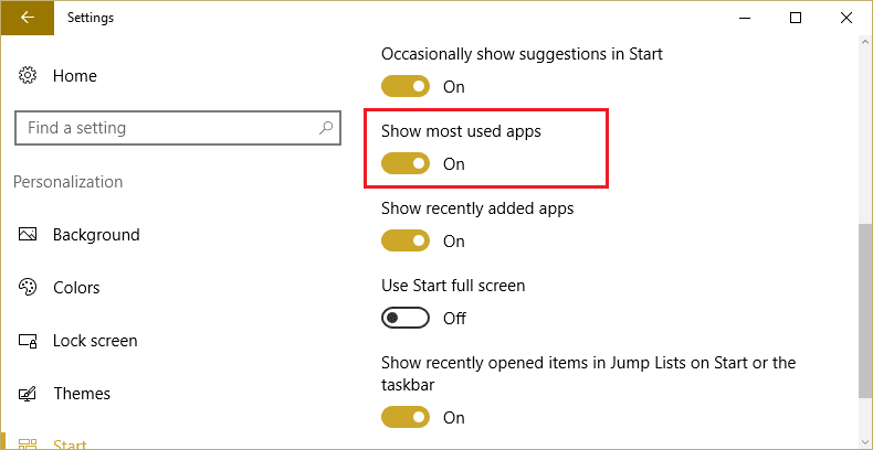Asegúrese de activar o desactivar Mostrar las aplicaciones más utilizadas en la configuración de Personalización