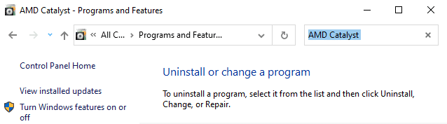 La utilidad Programas y características se abrirá y ahora buscará AMD Catalyst.