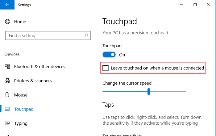 Desmarque Mantener el panel táctil habilitado cuando se conecta un mouse