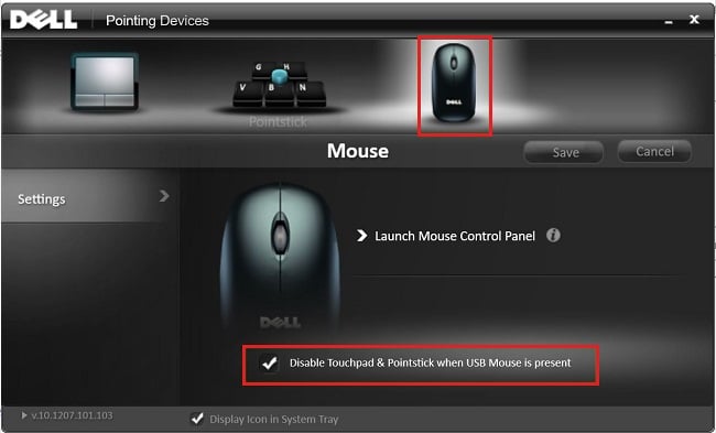 Marque la casilla de verificación Deshabilitar panel táctil cuando el mouse USB está presente