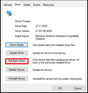 cambie a la pestaña Driver y seleccione Roll Back Driver