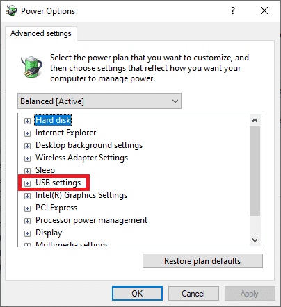 Aquí, en el menú Configuración avanzada, expanda la opción Configuración USB haciendo clic en el icono +.  Fix USB sigue desconectando y volviendo a conectar
