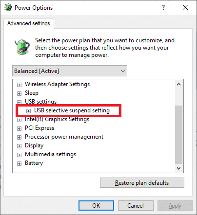 Ahora, nuevamente, expanda la configuración de suspensión selectiva de USB haciendo clic en el ícono + como lo hizo en el paso anterior.  Fix USB sigue desconectando y volviendo a conectar