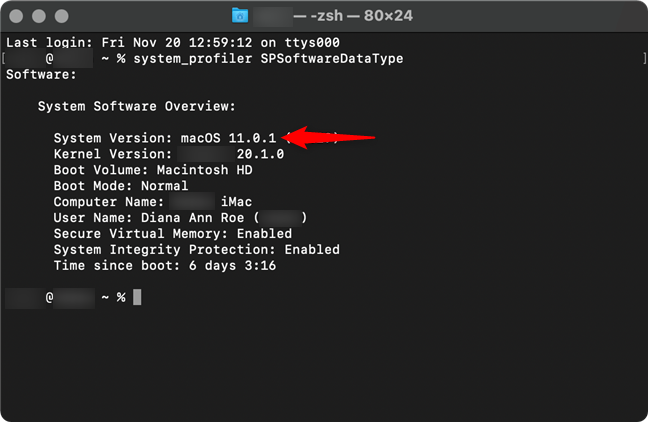 Verifique la versión de macOS en Terminal en la descripción general del software del sistema