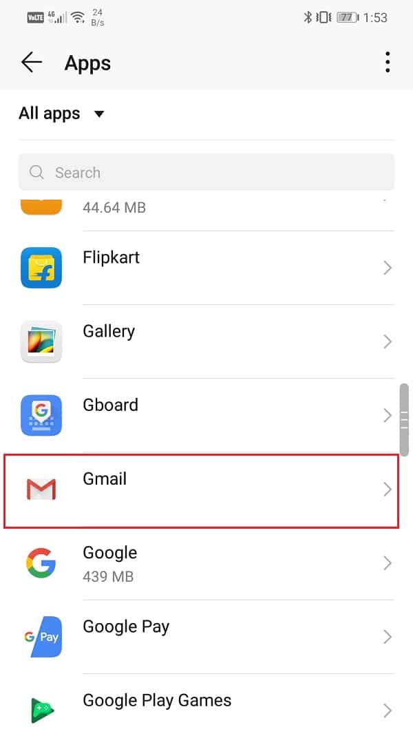 Busque la aplicación Gmail y tóquela |  Solucione el problema al cargar el widget en Android