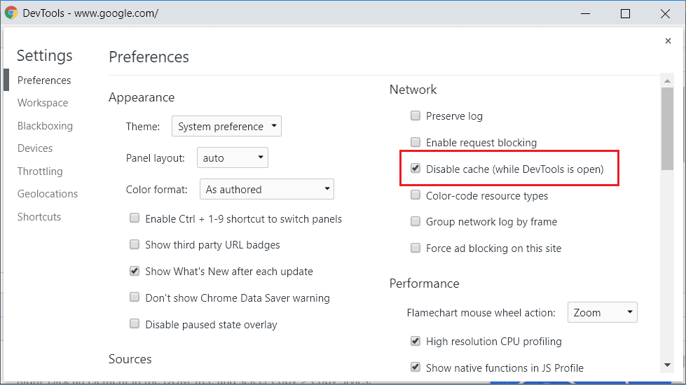 Marque Deshabilitar caché (mientras DevTools está abierto) en el menú Preferencias