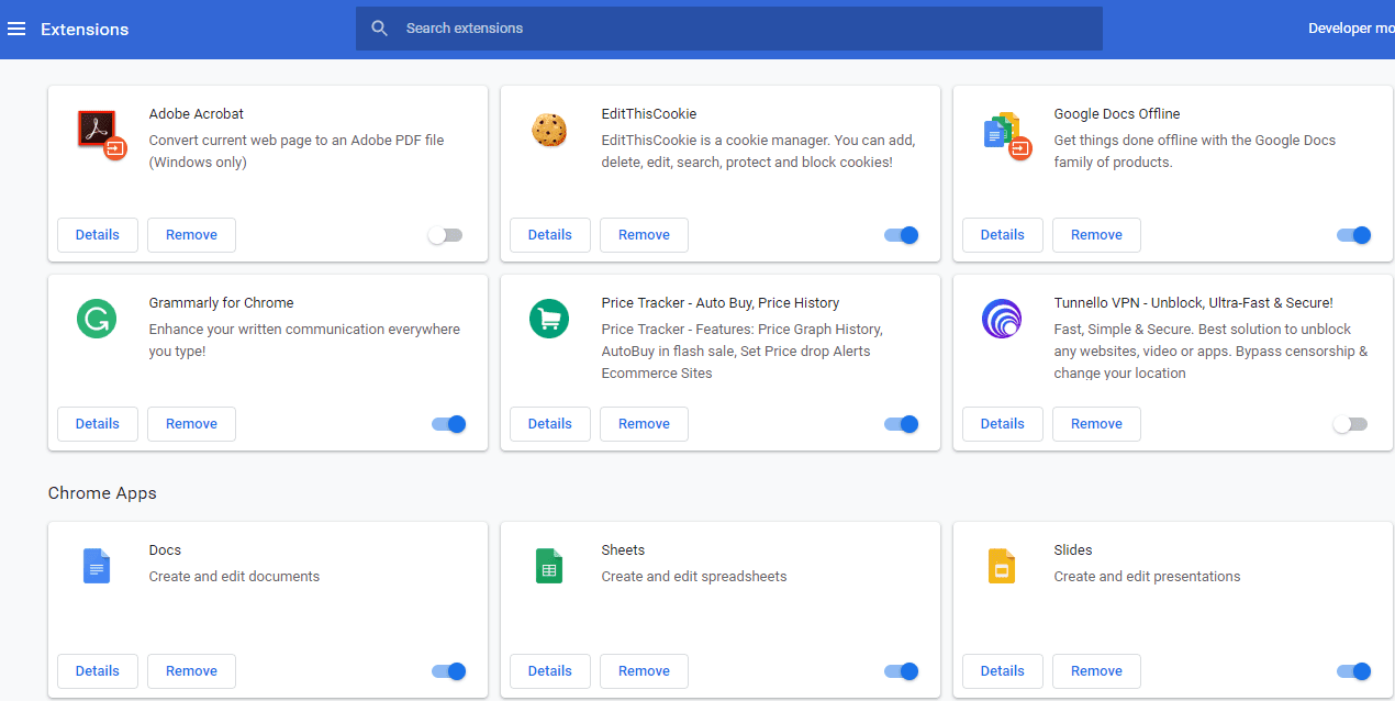 Página que muestra todas las extensiones instaladas actualmente en Chrome