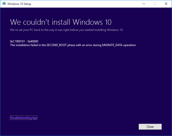 Arreglar la instalación de Windows 10 falla con el error C1900101-4000D