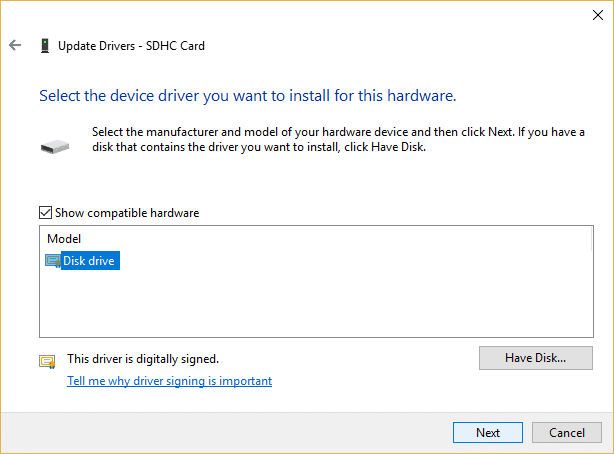 Seleccione el controlador de unidad de disco más reciente para el lector de tarjetas SD |  Arreglar tarjeta SD no detectada en Windows 10