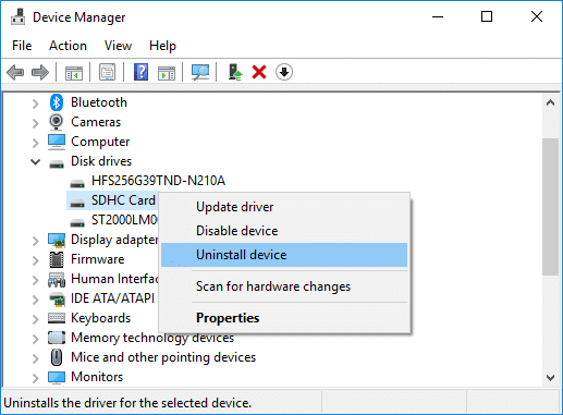 Haga clic derecho en su lector de tarjetas SD y seleccione Desinstalar