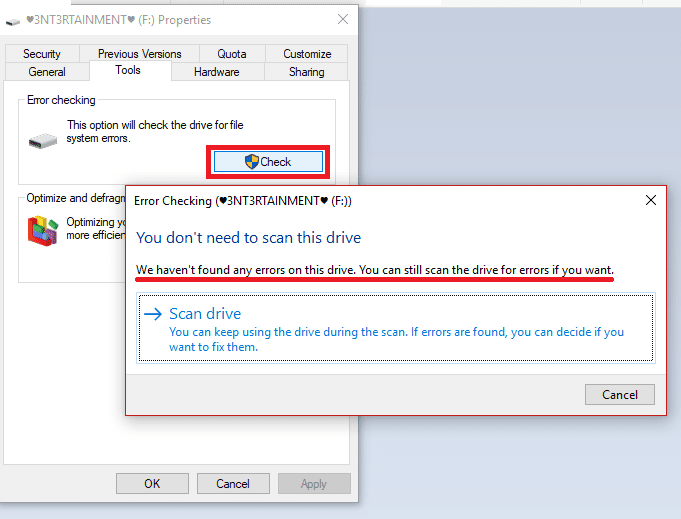 Windows le informará que 'no ha encontrado ningún error en la unidad'