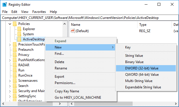 Haga clic derecho en ActiveDesktop y luego seleccione Nuevo y valor DWORD (32 bits)
