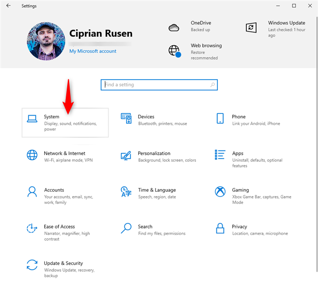 En la configuración de Windows 10, vaya a Sistema