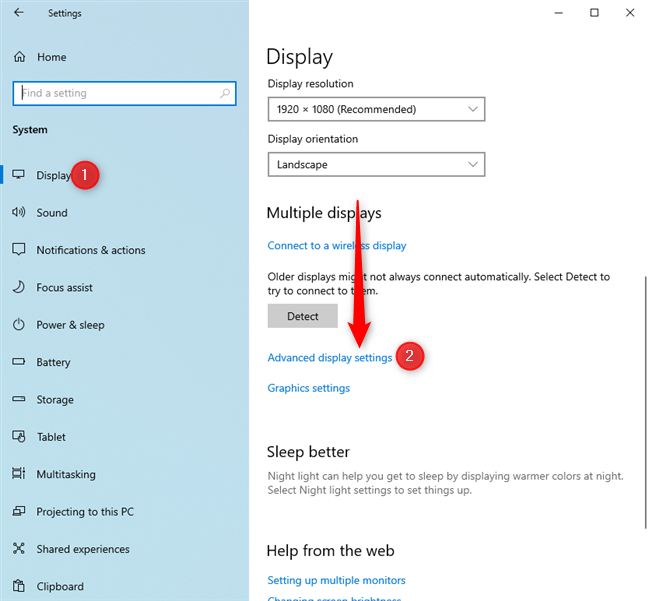 Haga clic o toque Configuración de pantalla avanzada