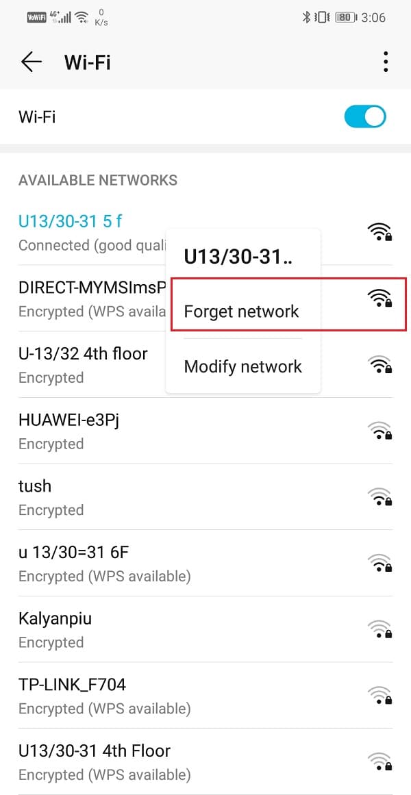 Haga clic en la opción Olvidar red