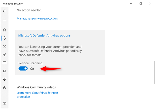 Okresowe skanowanie włączone dla systemu Windows 10 Microsoft Defender Antivirus