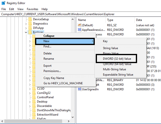 Haga clic con el botón derecho en la tecla Explorer y seleccione Nuevo y luego Valor Dword (32 bits)
