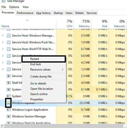 Haga clic derecho en el Explorador de Windows y seleccione Reiniciar | Reparar Alt+Tab no funciona