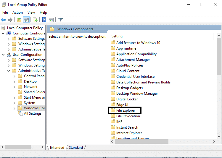 Vaya al Explorador de archivos en el Editor de directivas de grupo | Arreglar Alt+Tab que no funciona en Windows 10