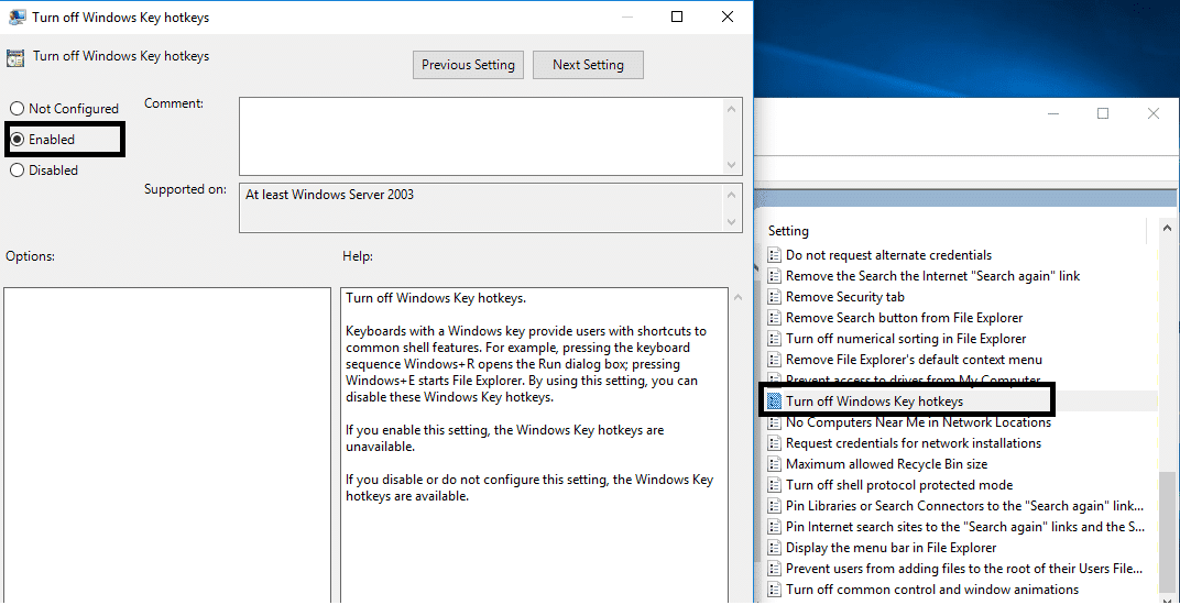 Haga doble clic en Desactivar las teclas de acceso rápido de Windows y seleccione Habilitado | Reparar Alt+Tab no funciona