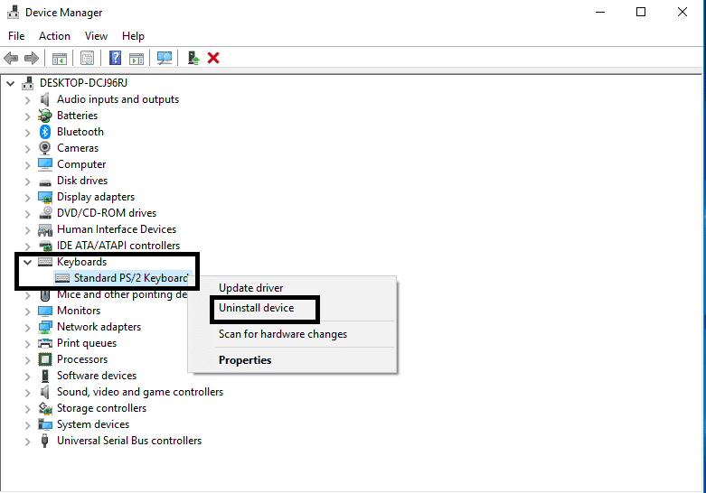 Haga clic derecho en el teclado y seleccione Desinstalar en Administrador de dispositivos