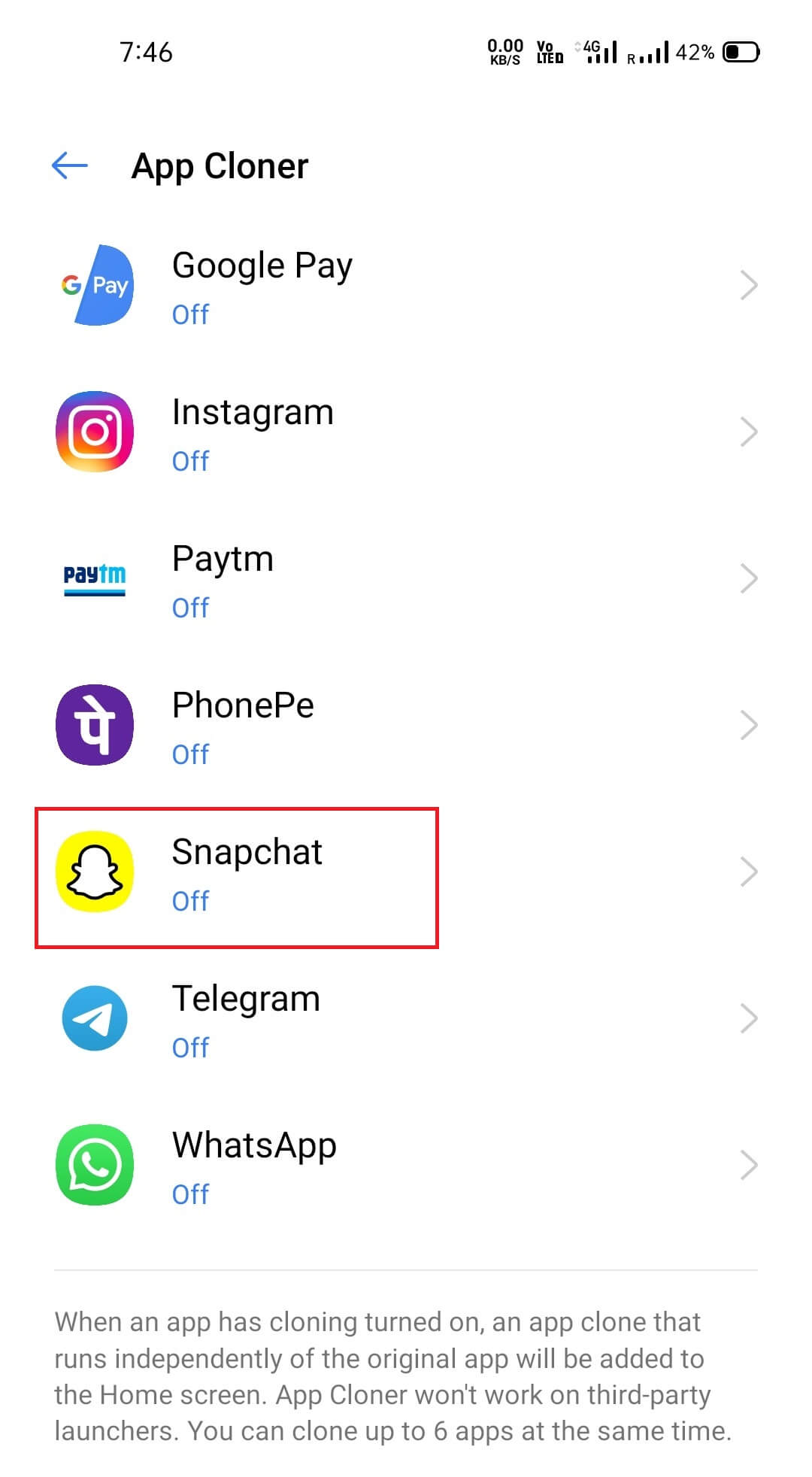 busque Snapchat en la lista.  Toque para clonar |  Ejecuta dos cuentas de Snapchat en un Android