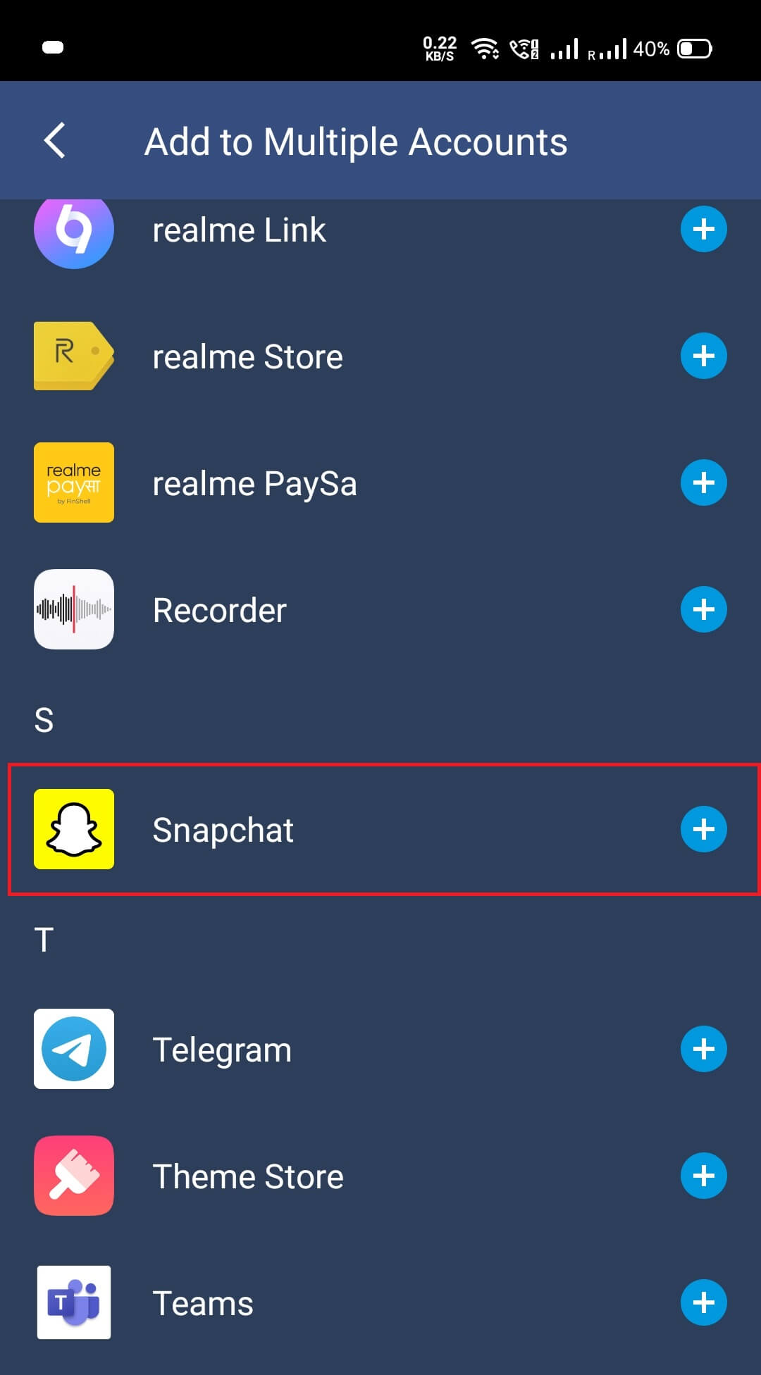Desplácese hacia abajo y busque Snapchat entre las opciones dadas.  Reproducir |  Ejecuta dos cuentas de Snapchat en un Android