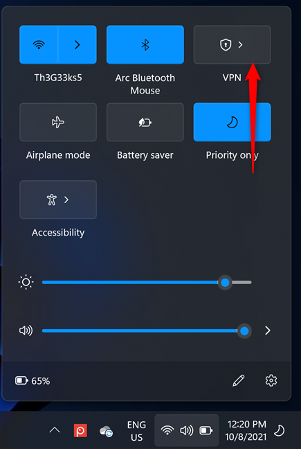 Haga clic o toque VPN en Configuración rápida
