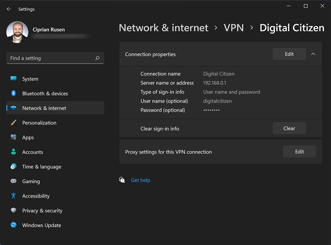 Edite la configuración de la conexión VPN