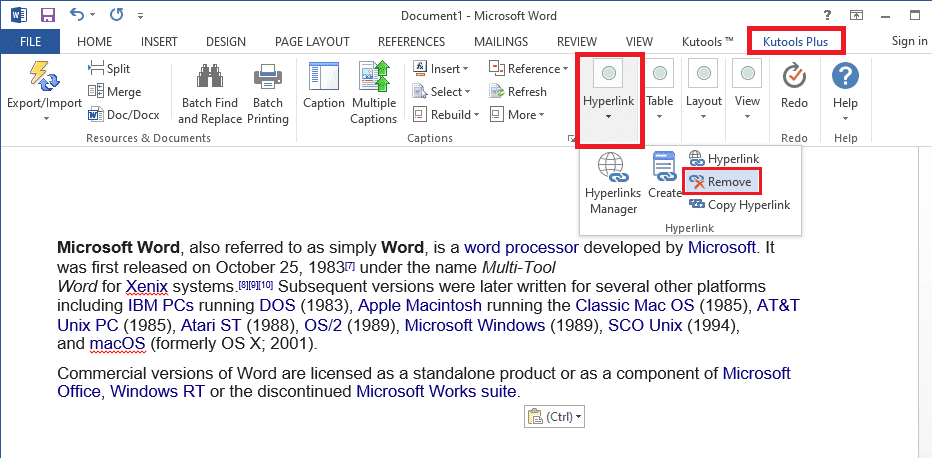 Haga clic en Eliminar para eliminar los hipervínculos y haga clic en Aceptar |  Eliminar hipervínculos de documentos de Word