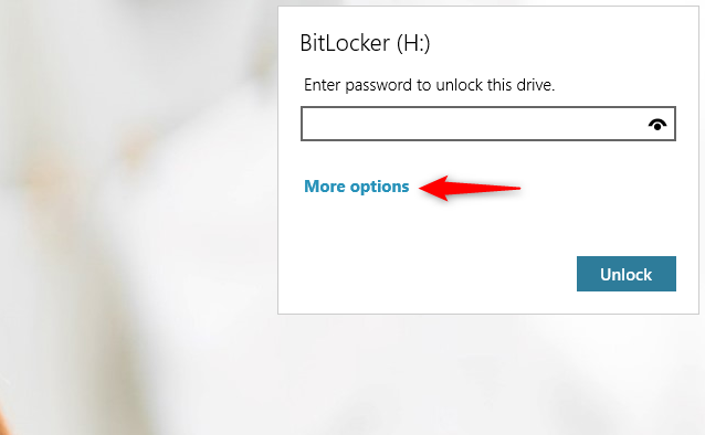 El vínculo Más opciones del cuadro de diálogo de desbloqueo de la unidad BitLocker
