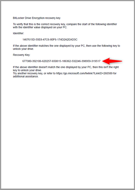 La clave de recuperación de BitLocker impresa en un papel