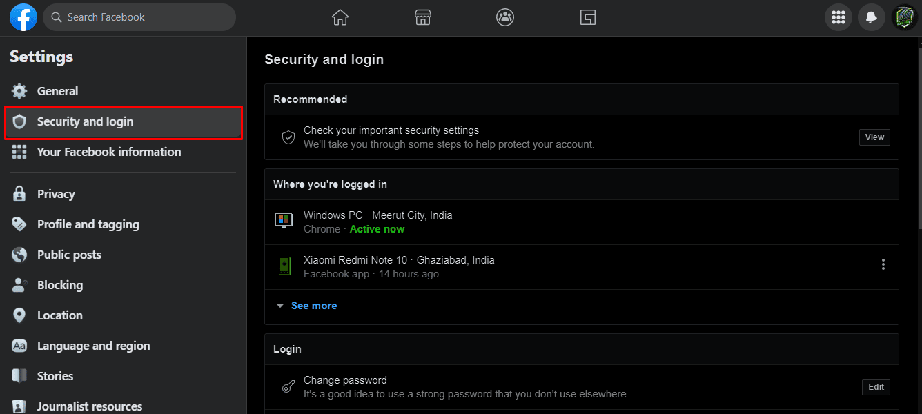 Cambie a la pestaña Seguridad, haga clic en la opción Seguridad e inicio de sesión en la barra de menú de la izquierda.  ¿Cómo cambiar la contraseña de Facebook sin la contraseña anterior?  8