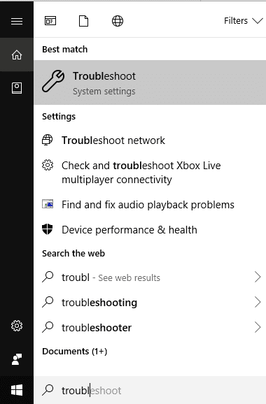 Abra Solucionar problemas buscándolo con la barra de búsqueda y puede acceder a Configuración