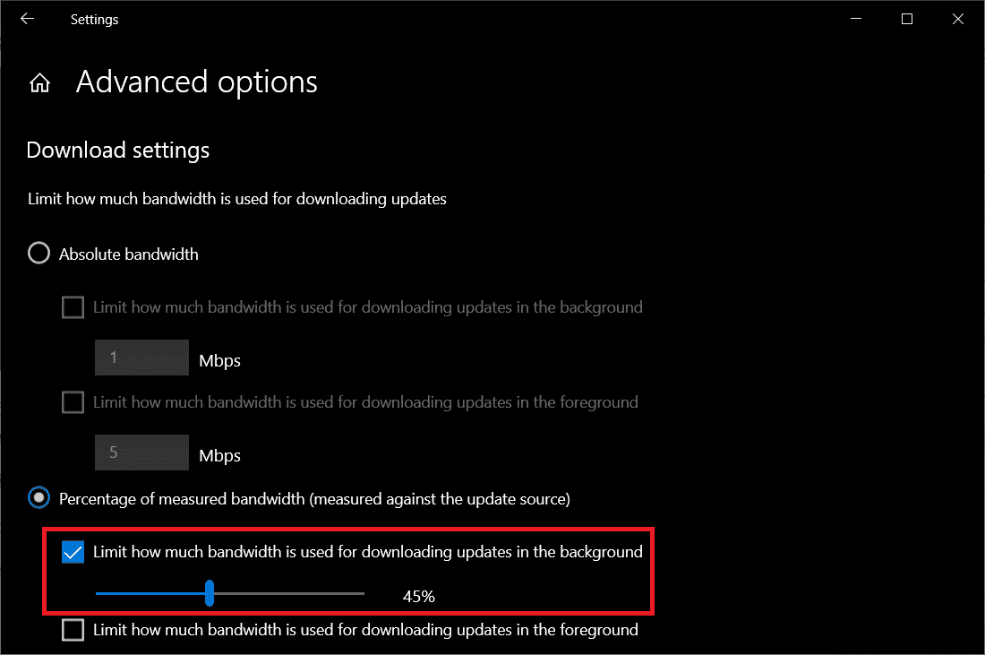 En la opción 'Descargar configuración', busque Porcentaje de ancho de banda medido