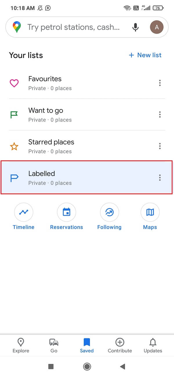 Abra Google Maps, luego toque Guardado y luego toque Etiquetado en sus listas