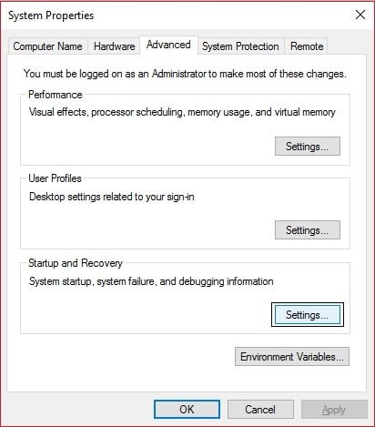 propiedades del sistema configuración avanzada de inicio y recuperación